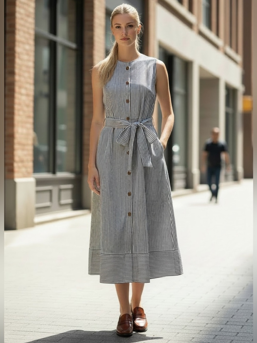 Pop sugar Sleeveless Blue Stripe Button-Front Tie-Waist Midi Dress
